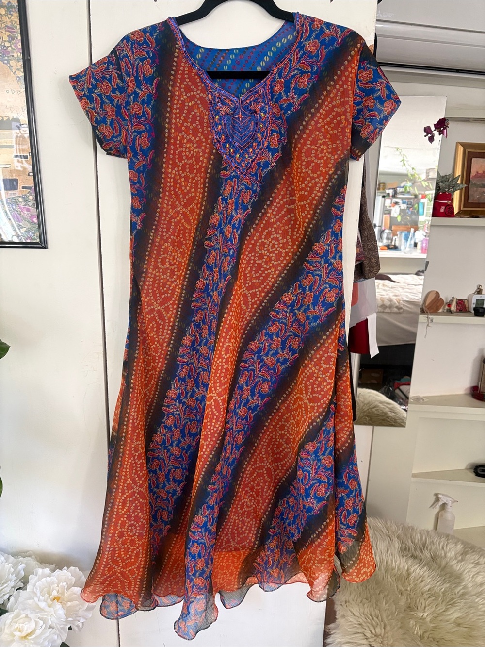 Flowy Orange and Blue Printed Women's Dress